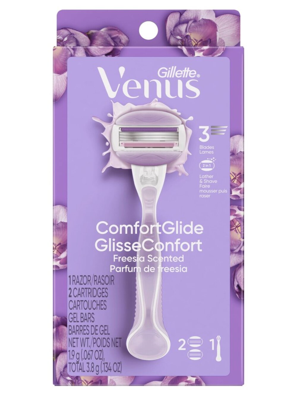 Gillette Venus ComfortGlide Freesia Women's Razor Handle + 2 Blade Refills